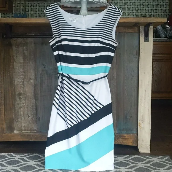 London Times Striped Shift Dress with Belt - Women's 10 - Picture 1 of 8